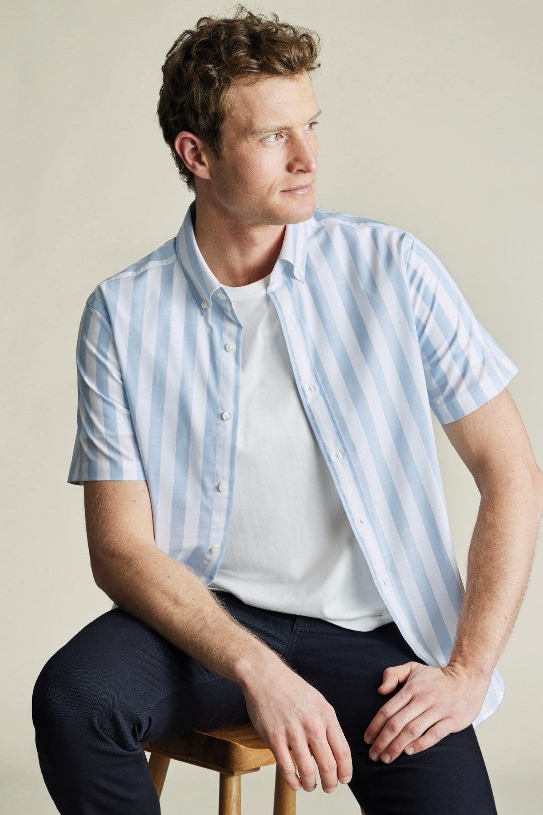 Sky Blue Wide Stripe Non-Iron Stretch Poplin Slub Ss Sf Shirt