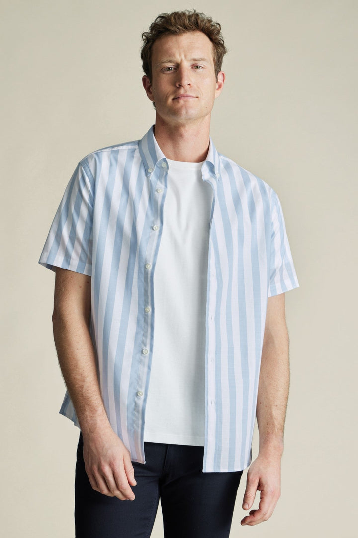 Sky Blue Wide Stripe Non-Iron Stretch Poplin Slub Ss Sf Shirt
