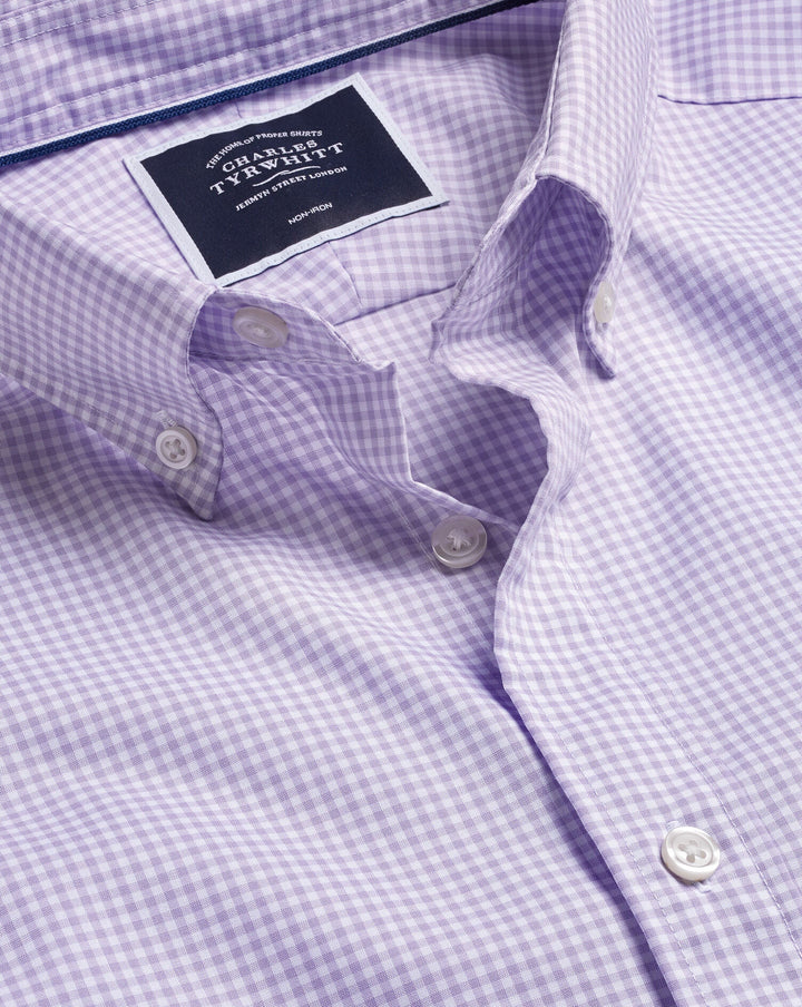 Charles Tyrwhitt Lilac Purple Mini Gingham Slim Fit Non-Iron Stretch Poplin Shirt
