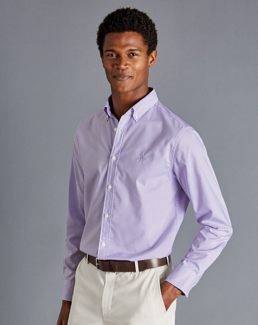 Charles Tyrwhitt Lilac Purple Mini Gingham Slim Fit Non-Iron Stretch Poplin Shirt