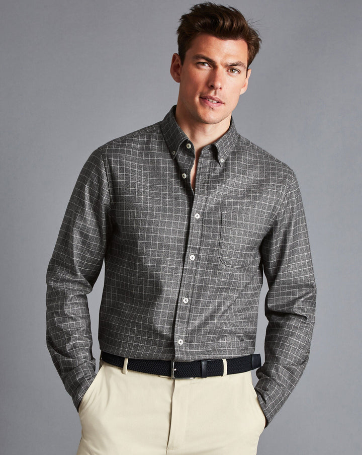 Charles Tyrwhitt Charcoal Grey Windowpane Check Slim Fit Non-Iron Twill Shirt