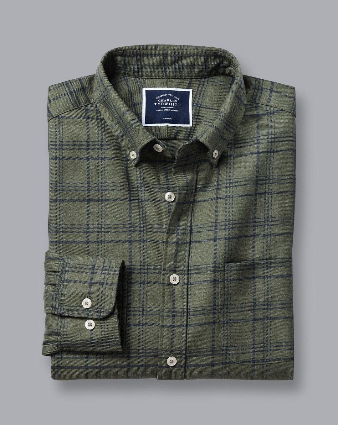 Charles Tyrwhitt Olive Green Check Slim Fit Non-Iron Twill Shirt