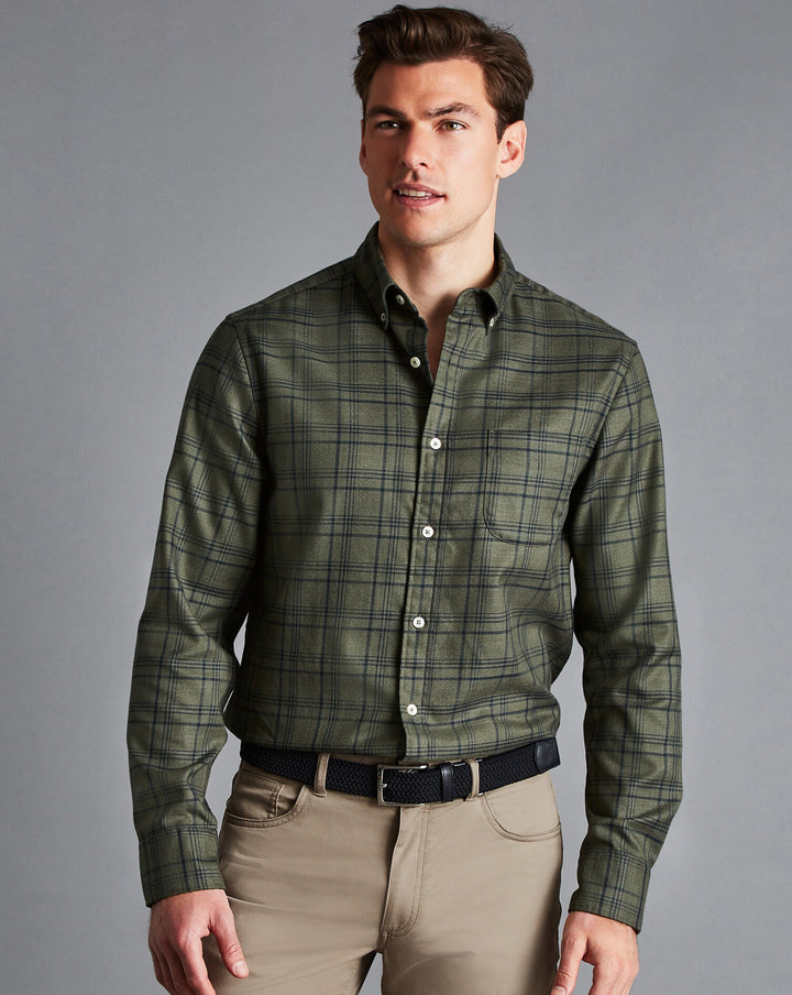Charles Tyrwhitt Olive Green Check Slim Fit Non-Iron Twill Shirt