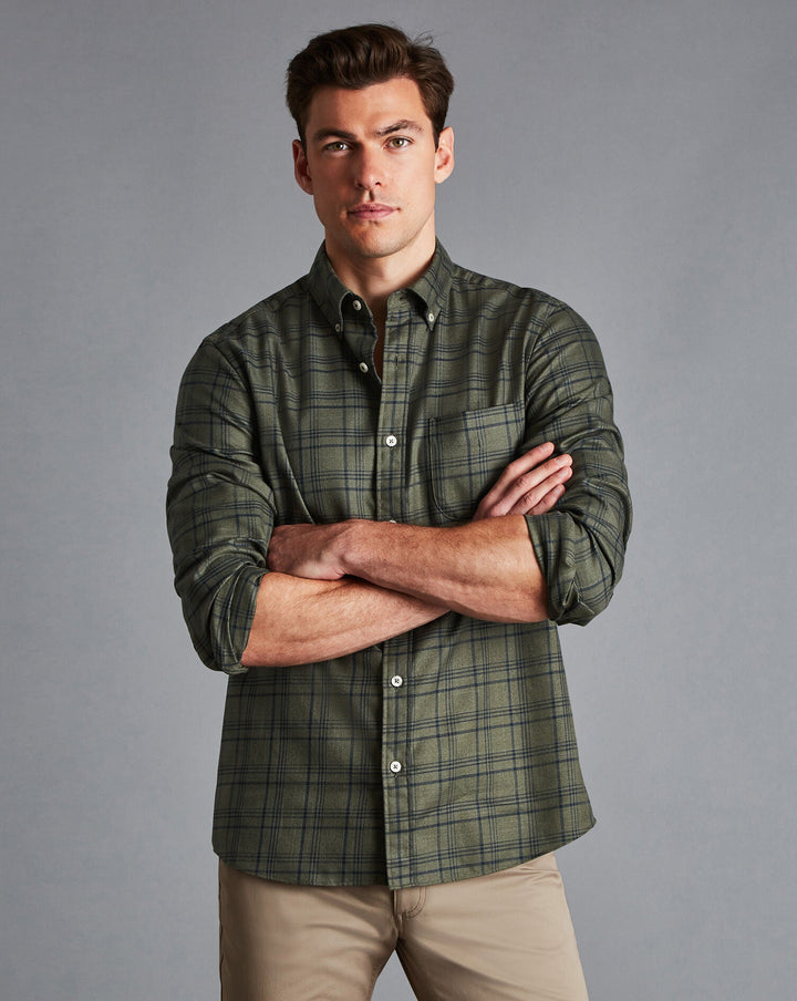 Charles Tyrwhitt Olive Green Check Slim Fit Non-Iron Twill Shirt