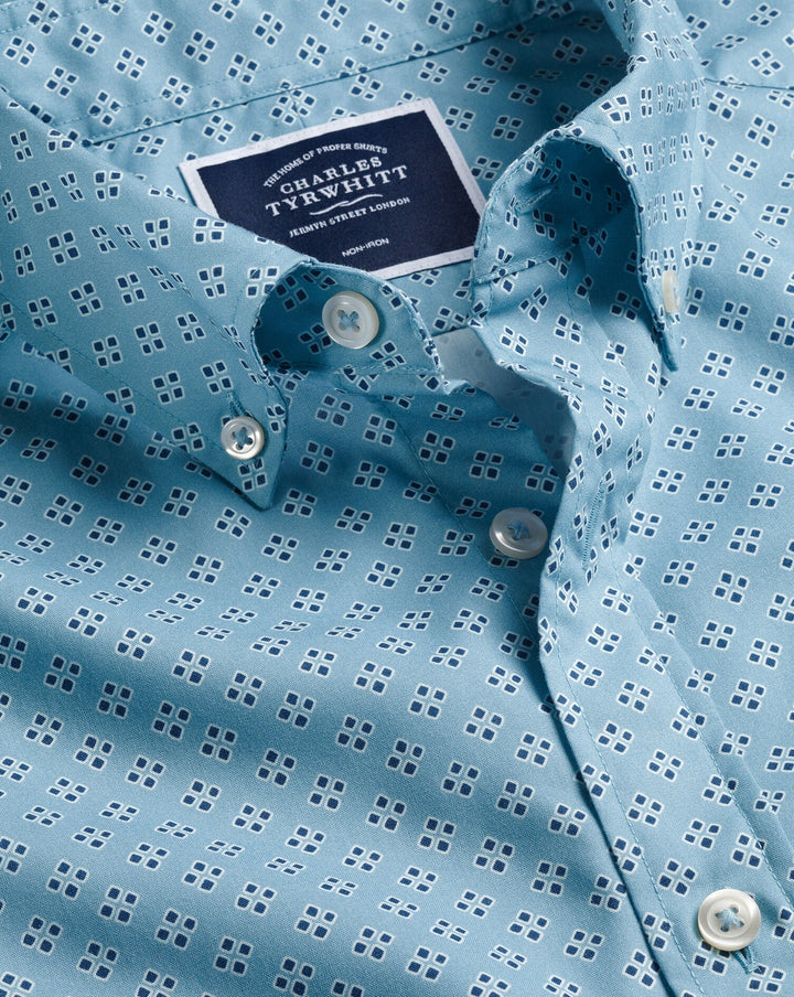 Aqua Green Diamond Print Sf Non-Iron Stretch Poplin Shirt