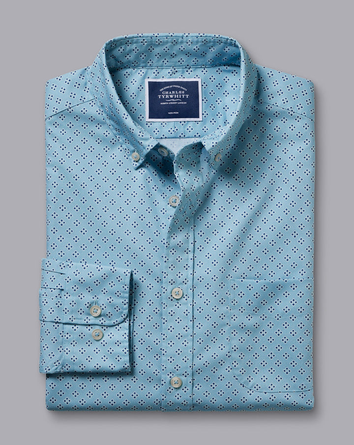 Aqua Green Diamond Print Sf Non-Iron Stretch Poplin Shirt