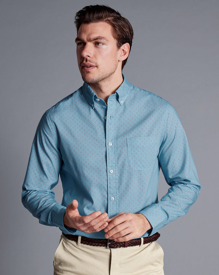 Aqua Green Diamond Print Sf Non-Iron Stretch Poplin Shirt