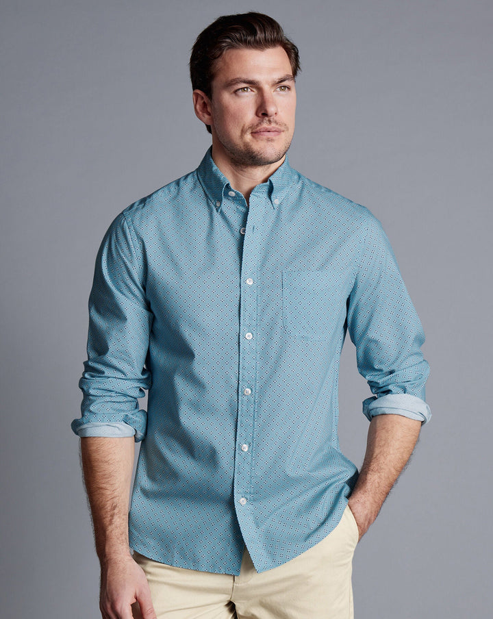 Aqua Green Diamond Print Sf Non-Iron Stretch Poplin Shirt