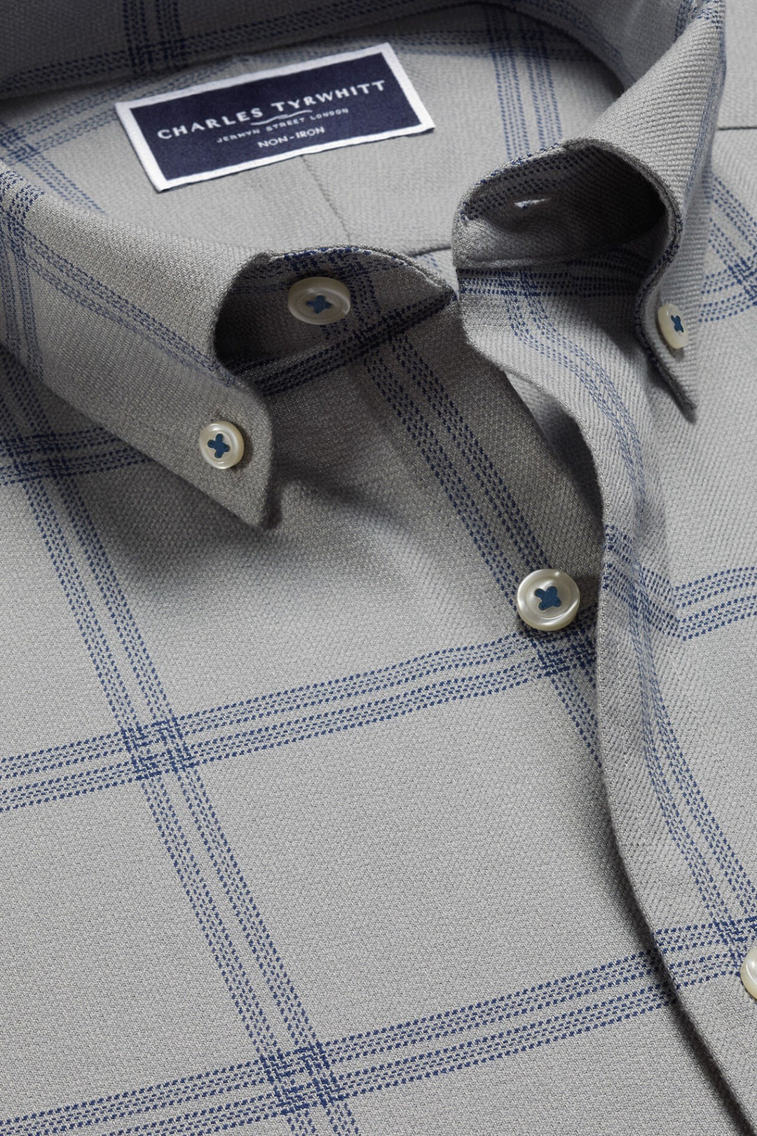 Light Grey Large Grid Check Non-Iron Twill Slim Fit Shirt