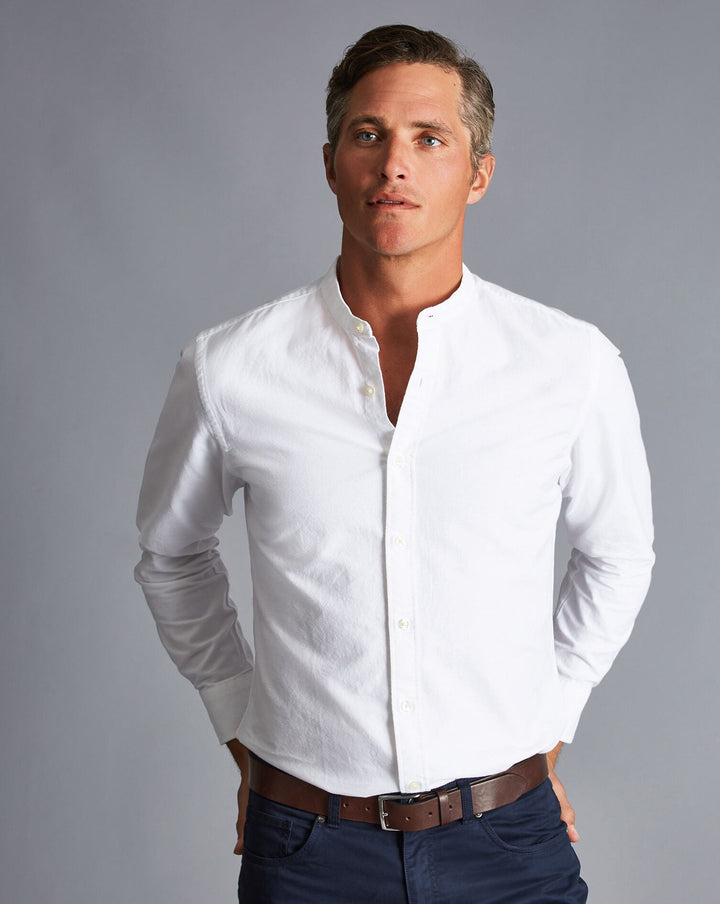 White Plain Slim Fit Cotton Linen Collarless Shirt