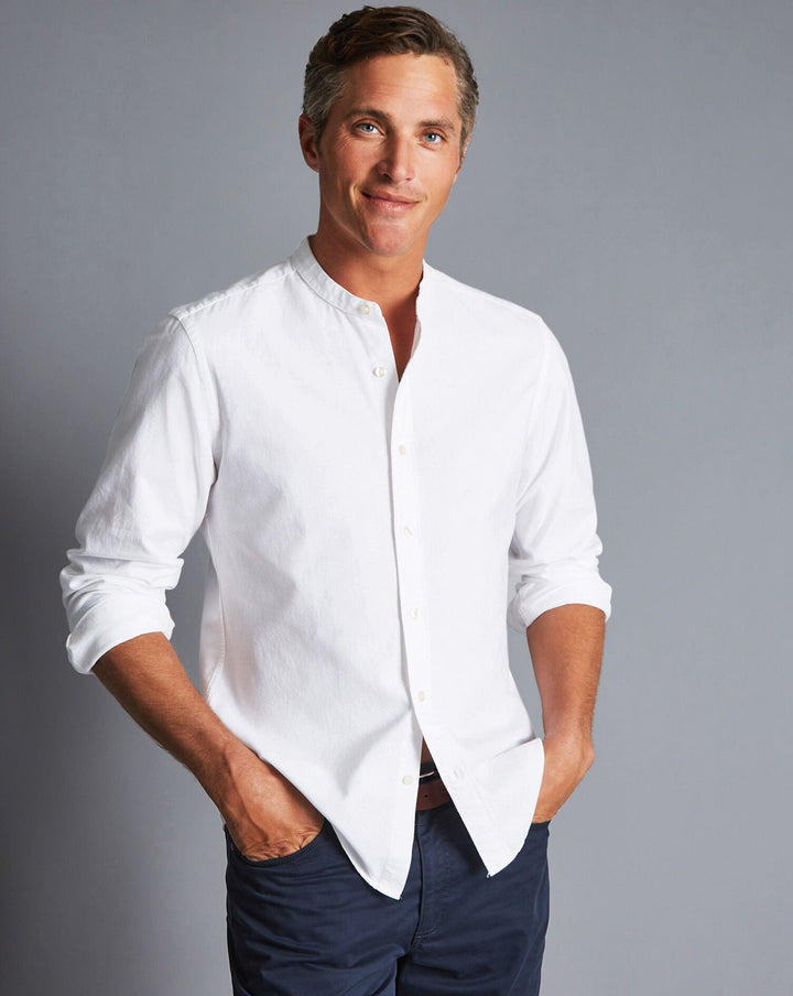 White Plain Slim Fit Cotton Linen Collarless Shirt