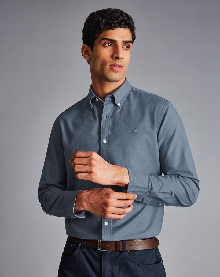 Charles Tyrwhitt Mid Grey Plain Slim Fit Button-Down Washed Oxford Shirt