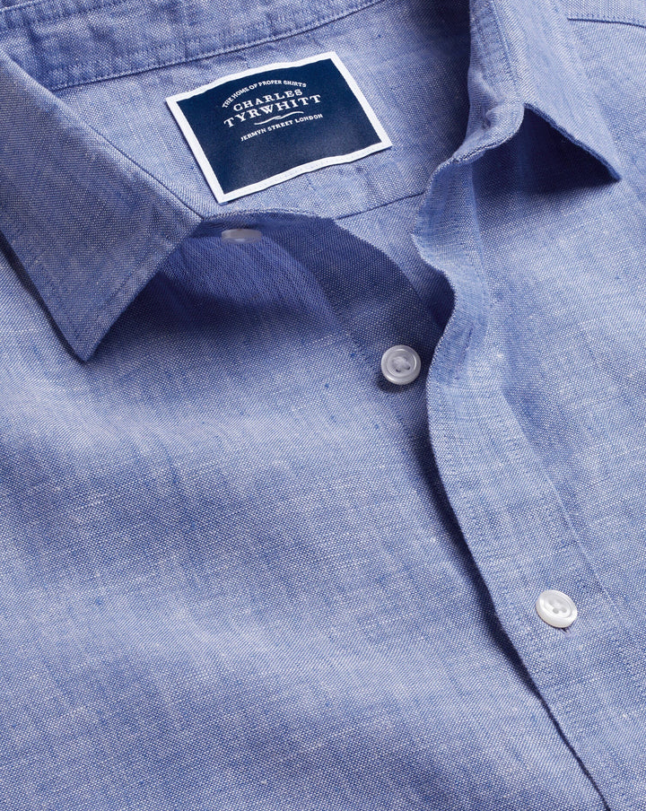 Cobalt Blue Plain Slim Fit Pure Linen Shirt