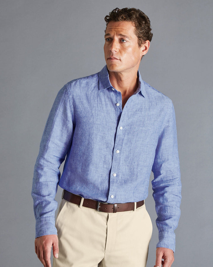 Cobalt Blue Plain Slim Fit Pure Linen Shirt