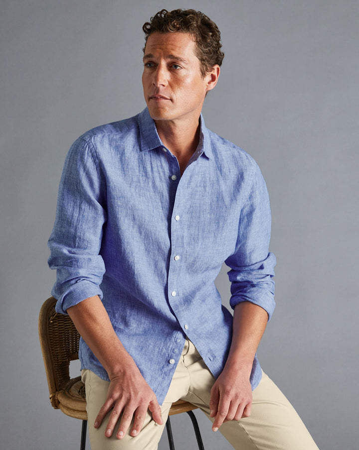 Cobalt Blue Plain Slim Fit Pure Linen Shirt