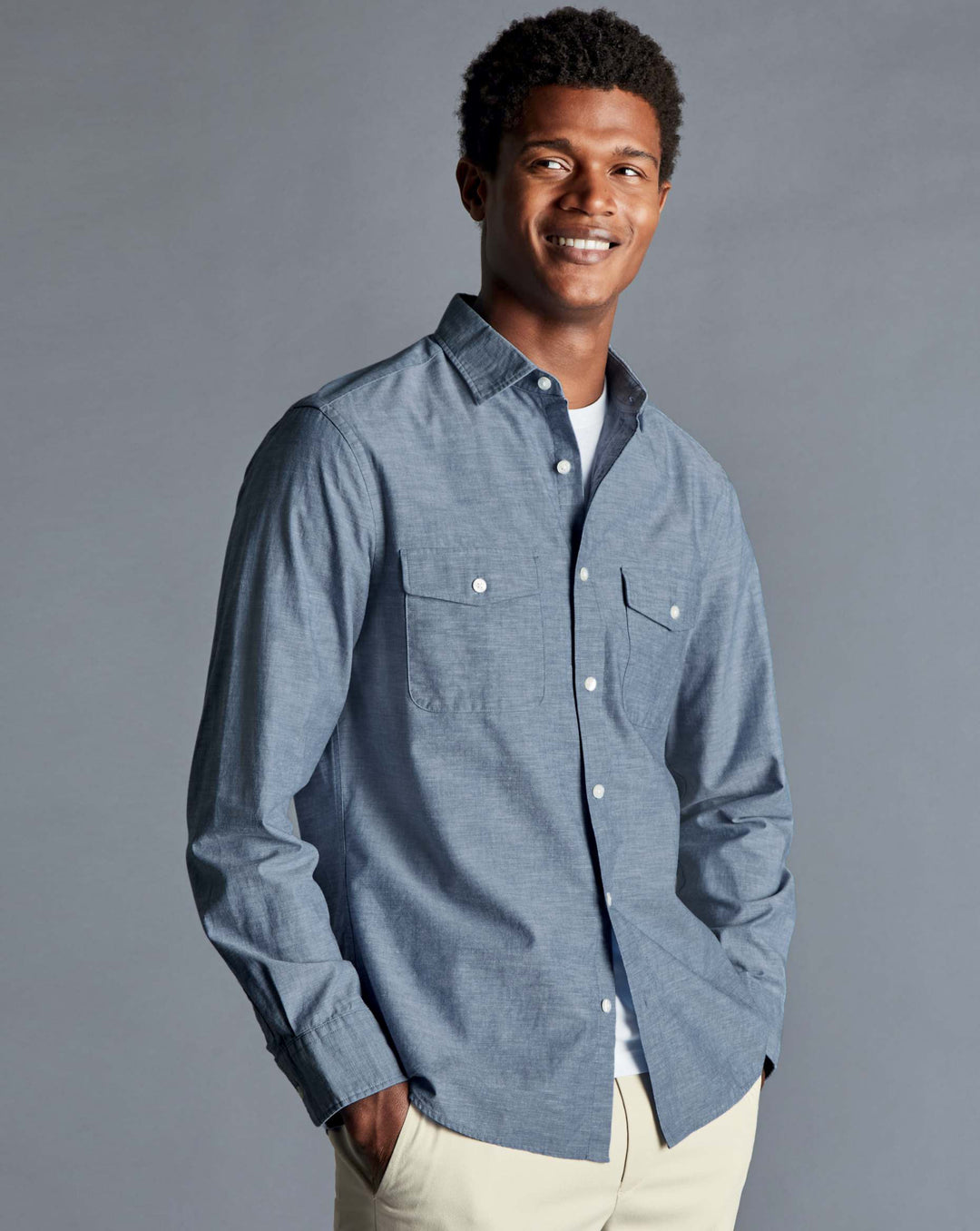 Charles Tyrwhitt Indigo Blue Plain Double Pocket Slim Fit Chambray Shirt