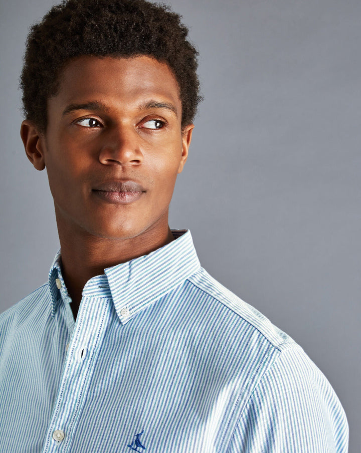 Charles Tyrwhitt Green Stripe Slim Fit Button-Down Washed Oxford Shirt