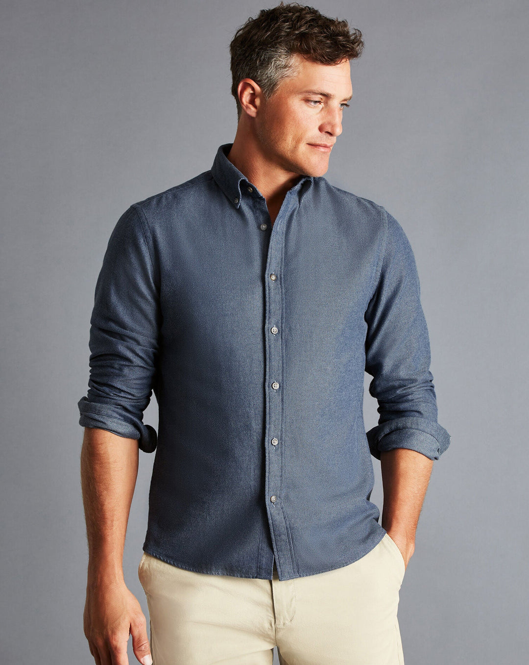 Charles Tyrwhitt Steel Blue Arrow Dobby Slim Fit Flannel Shirt