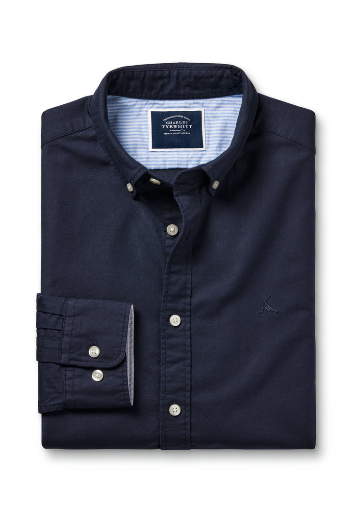 Navy Blue Button-Down Stretch Washed Oxford Slim Fit Shirt