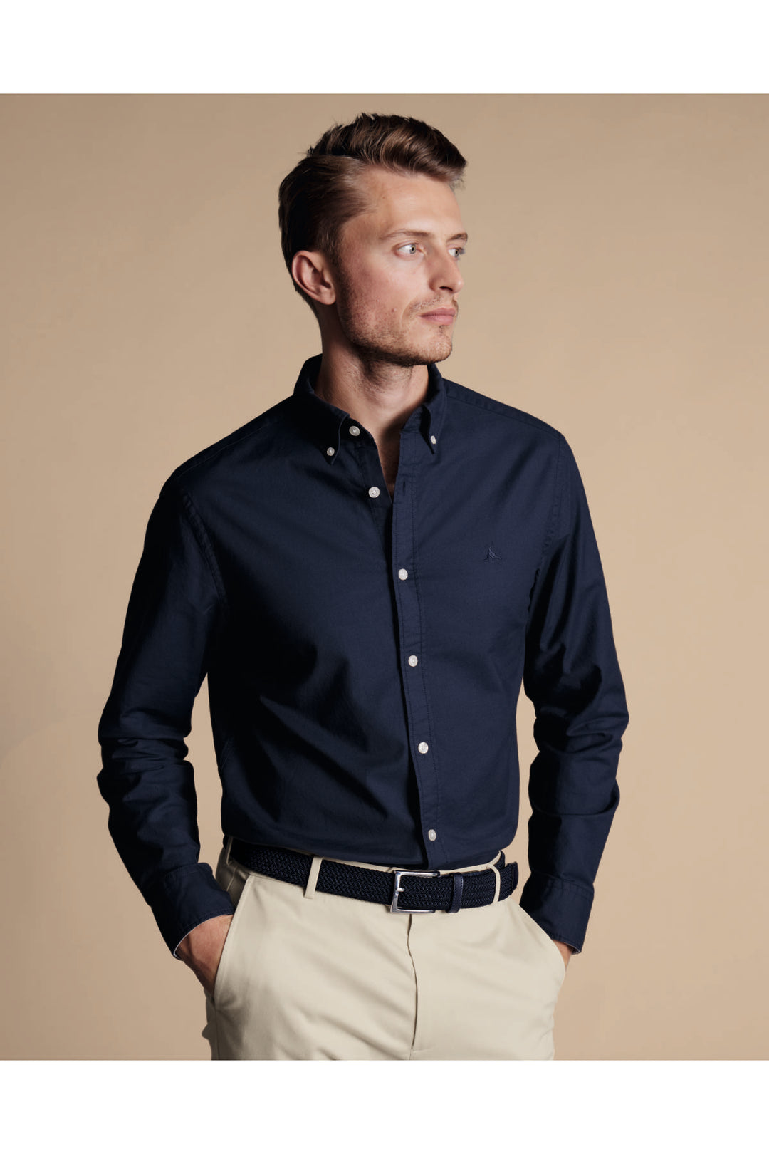 Navy Blue Button-Down Stretch Washed Oxford Slim Fit Shirt