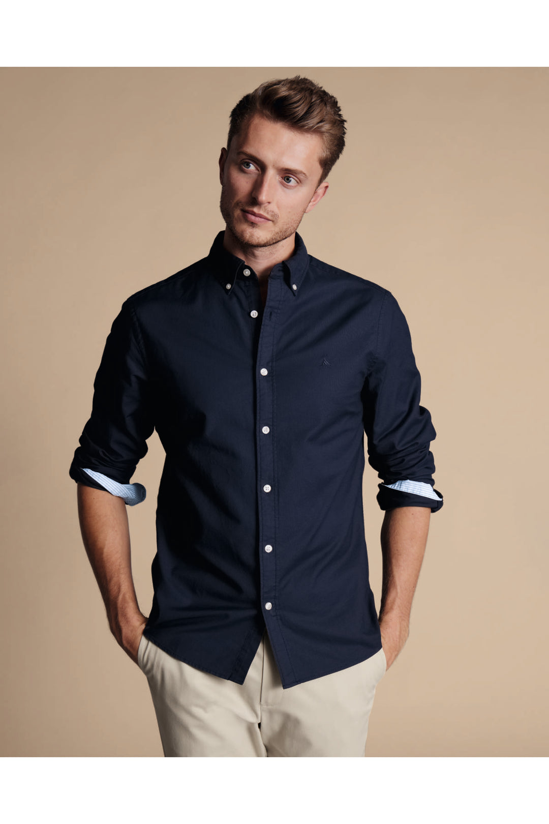 Navy Blue Button-Down Stretch Washed Oxford Slim Fit Shirt