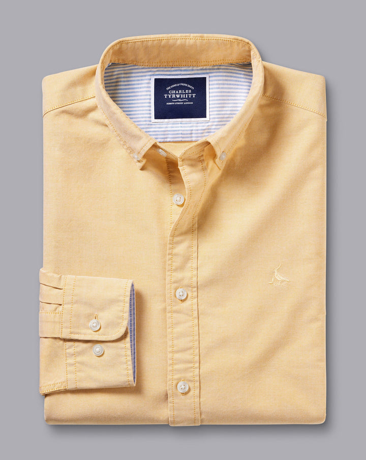 Yellow Plain Slim Fit Button-Down Washed Oxford Shirt