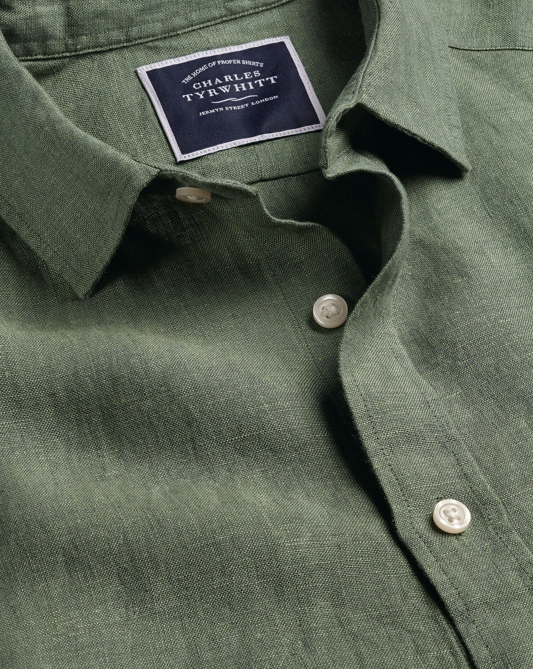 Olive Green Plain Slim Fit Pure Linen Shirt