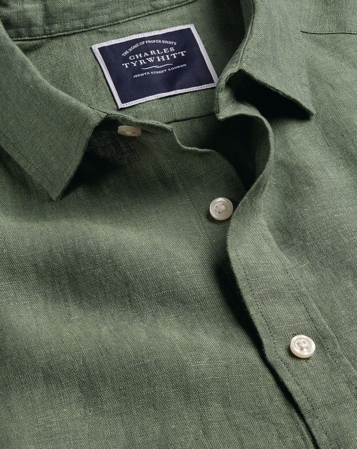 Olive Green Plain Slim Fit Pure Linen Shirt