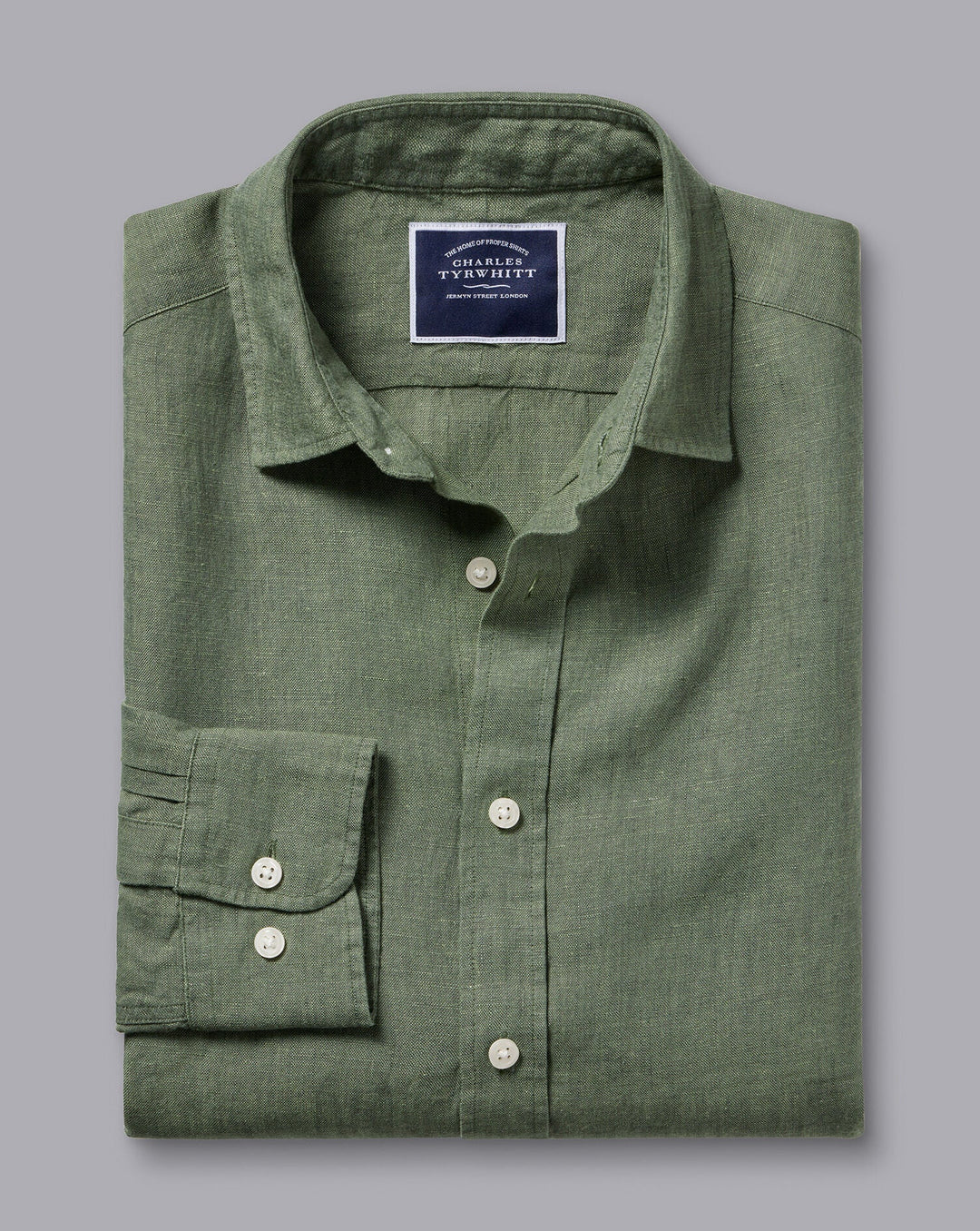 Olive Green Plain Slim Fit Pure Linen Shirt