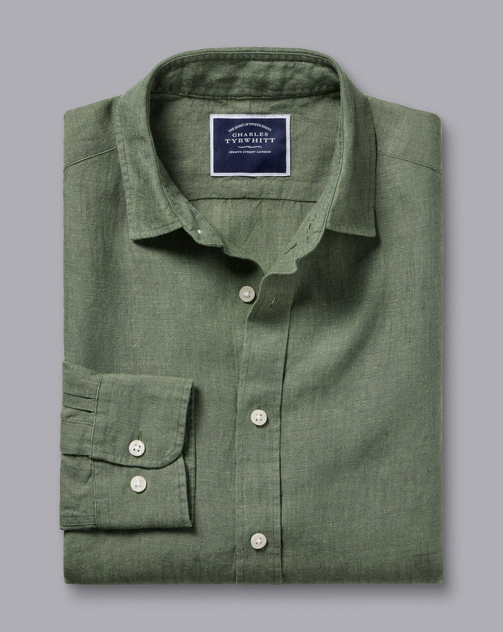 Olive Green Plain Slim Fit Pure Linen Shirt
