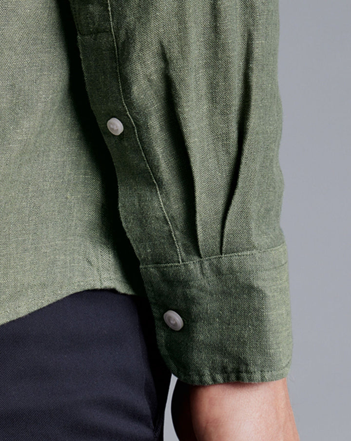 Olive Green Plain Slim Fit Pure Linen Shirt