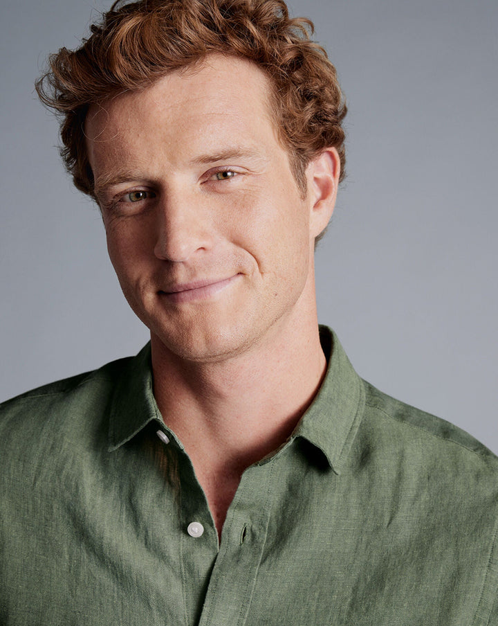 Olive Green Plain Slim Fit Pure Linen Shirt