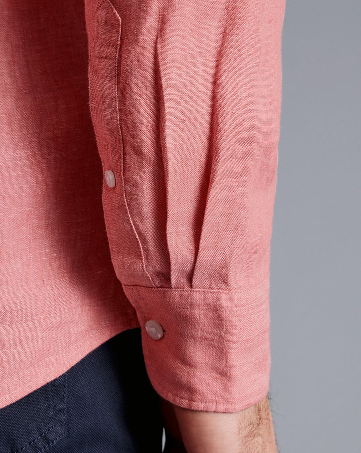 Salmon Pink Plain Slim Fit Pure Linen Shirt