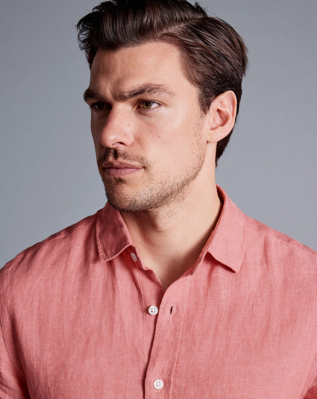 Salmon Pink Plain Slim Fit Pure Linen Shirt