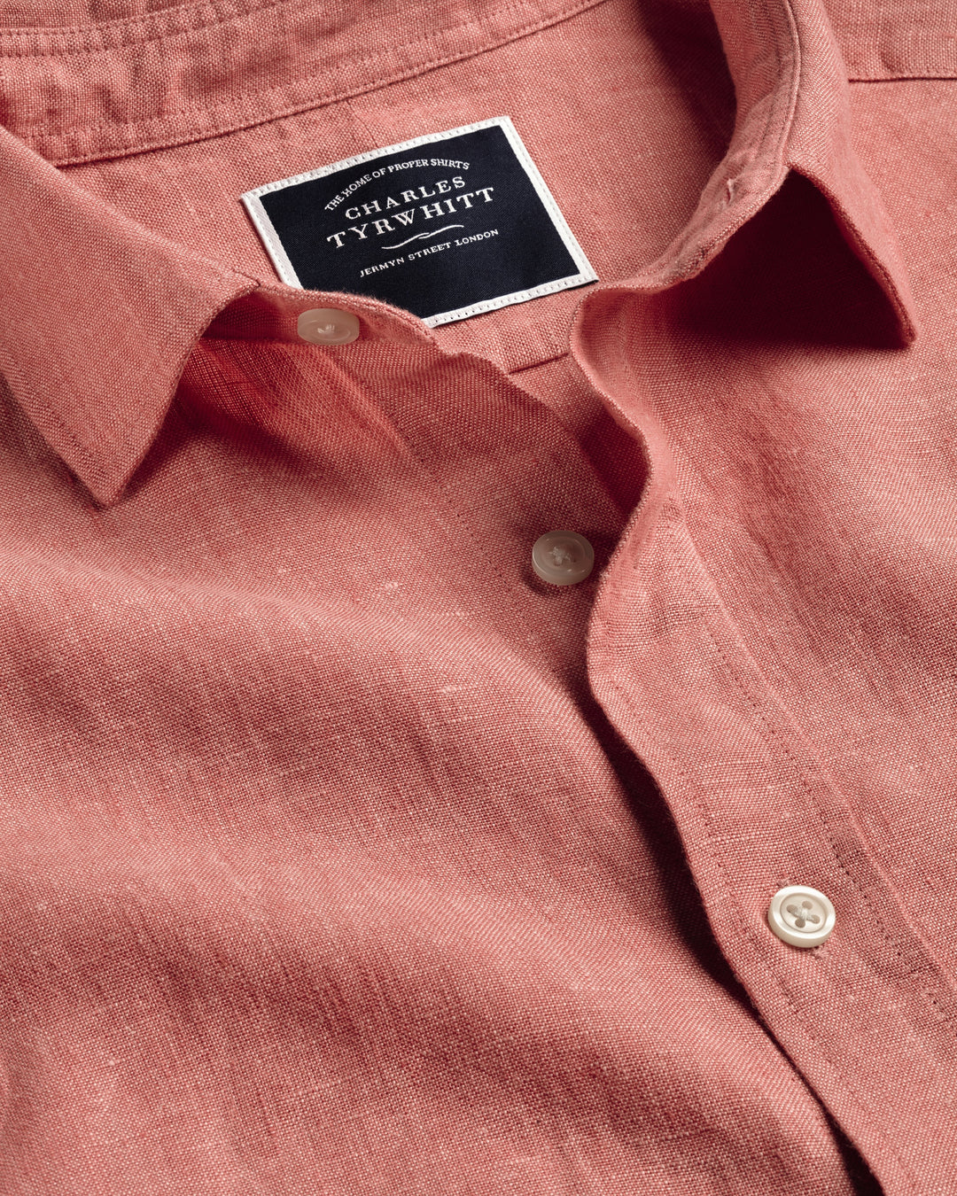 Salmon Pink Plain Slim Fit Short Sleeve Pure Linen Shirt