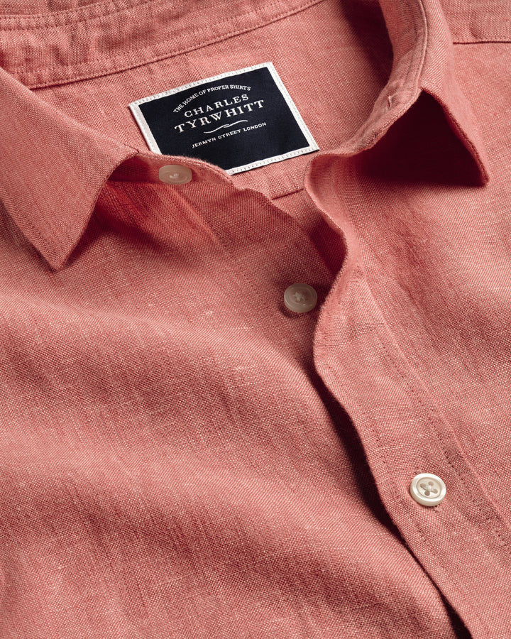 Salmon Pink Plain Slim Fit Short Sleeve Pure Linen Shirt