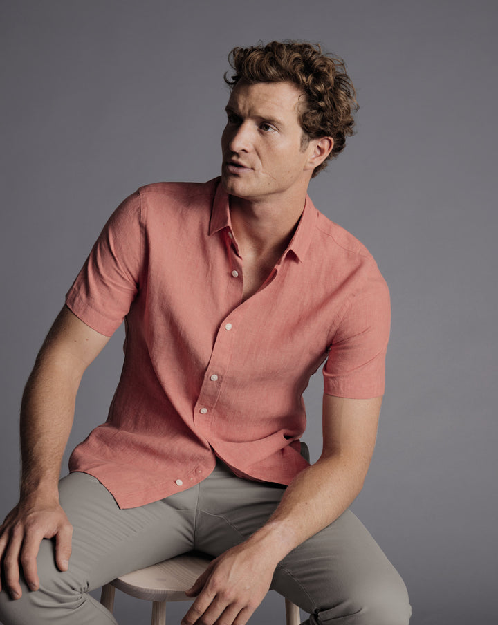 Salmon Pink Plain Slim Fit Short Sleeve Pure Linen Shirt