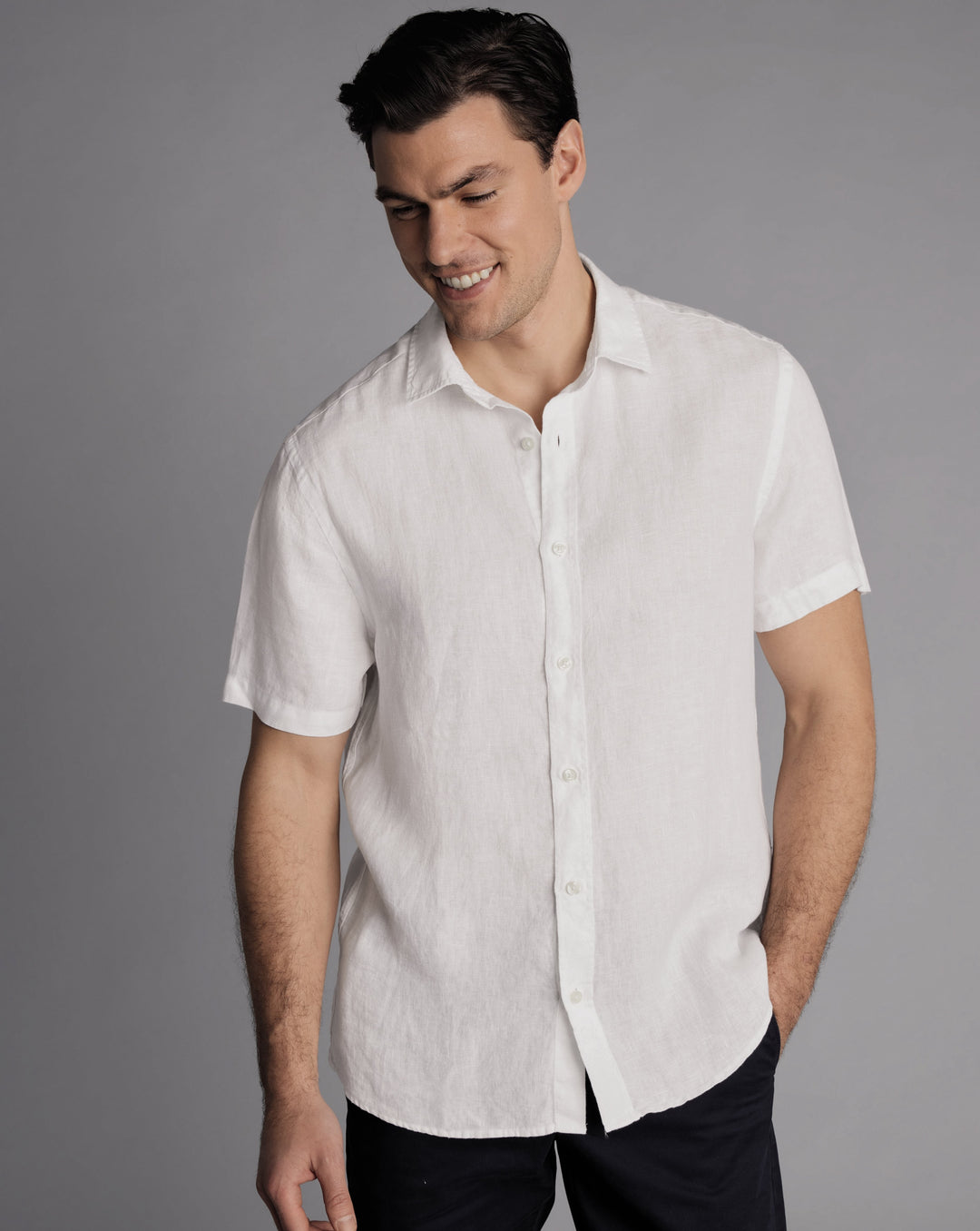 White Plain Slim Fit Short Sleeve Pure Linen Shirt