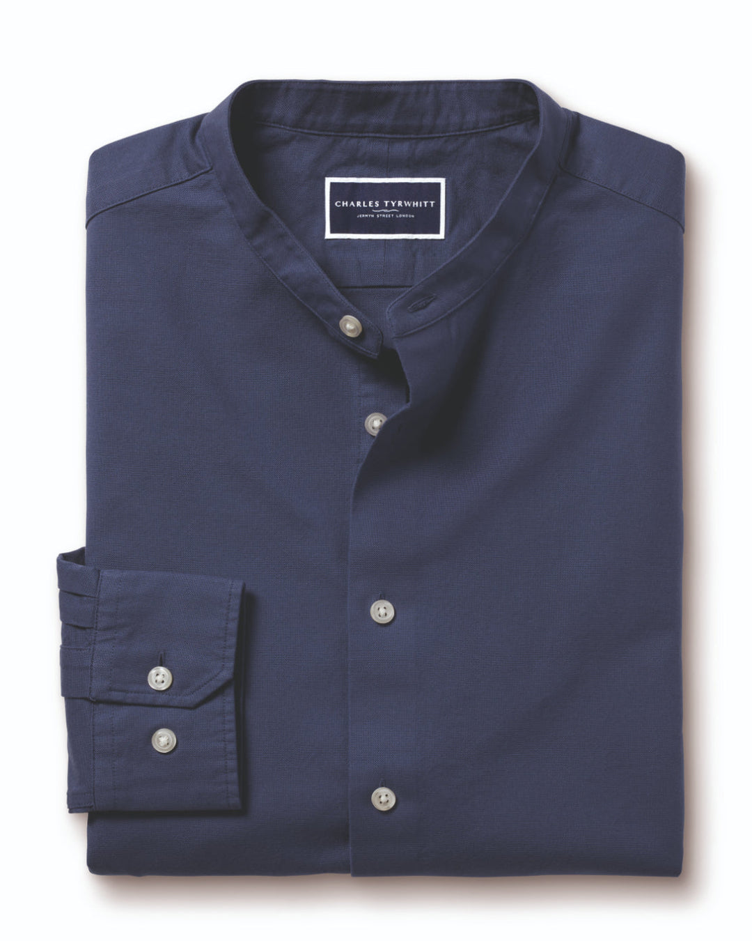 Heather Blue Stretch Washed Oxford Collarless Slim Fit Shirt