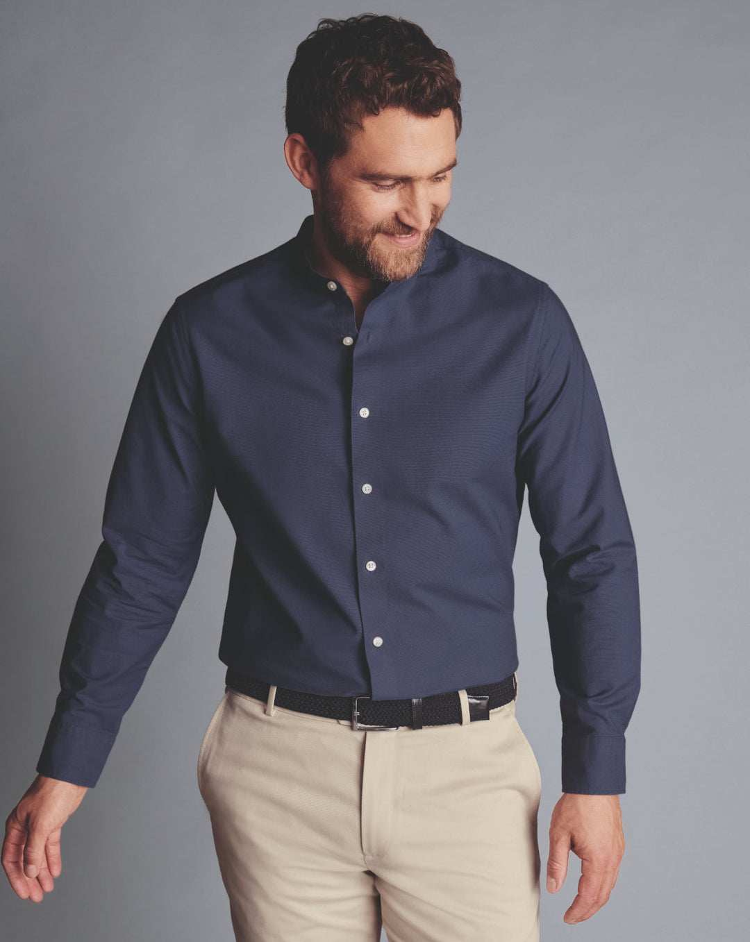 Heather Blue Stretch Washed Oxford Collarless Slim Fit Shirt