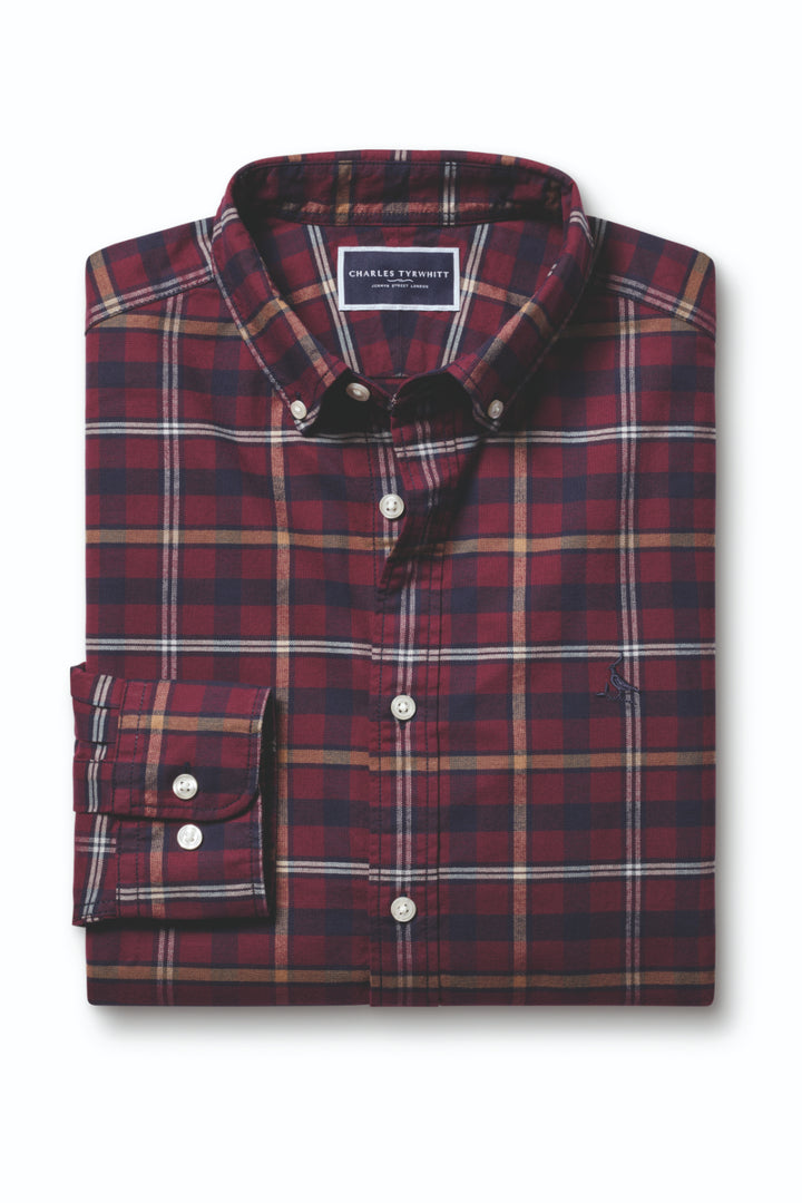 CT Dark Red Check Slim Fit Button-Down Brushed Washed Oxford Shirt CSR2086DRD