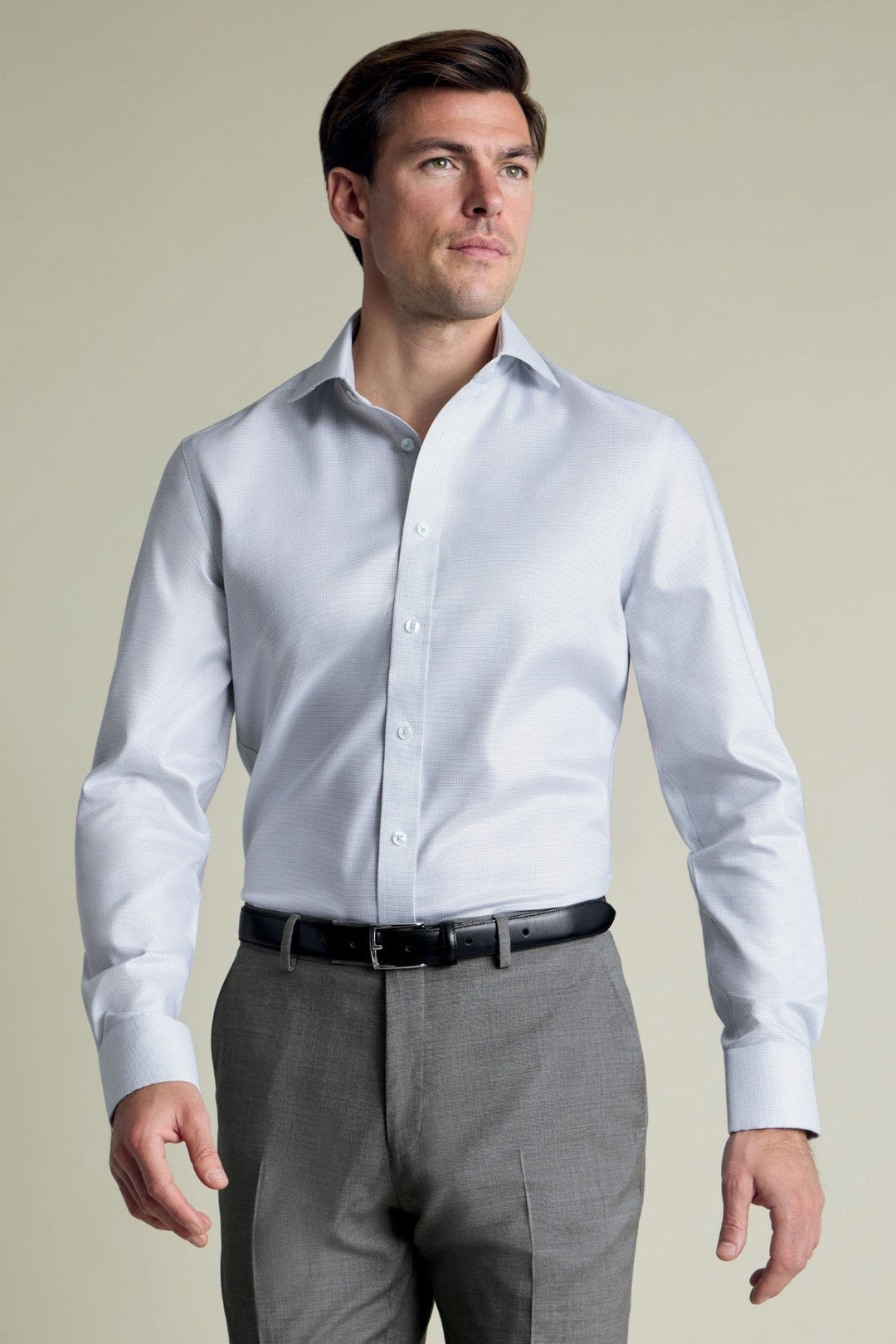 Silver Grey Non-Iron Stretch Greenwich Weave Cutaway Slim Fit Shirt