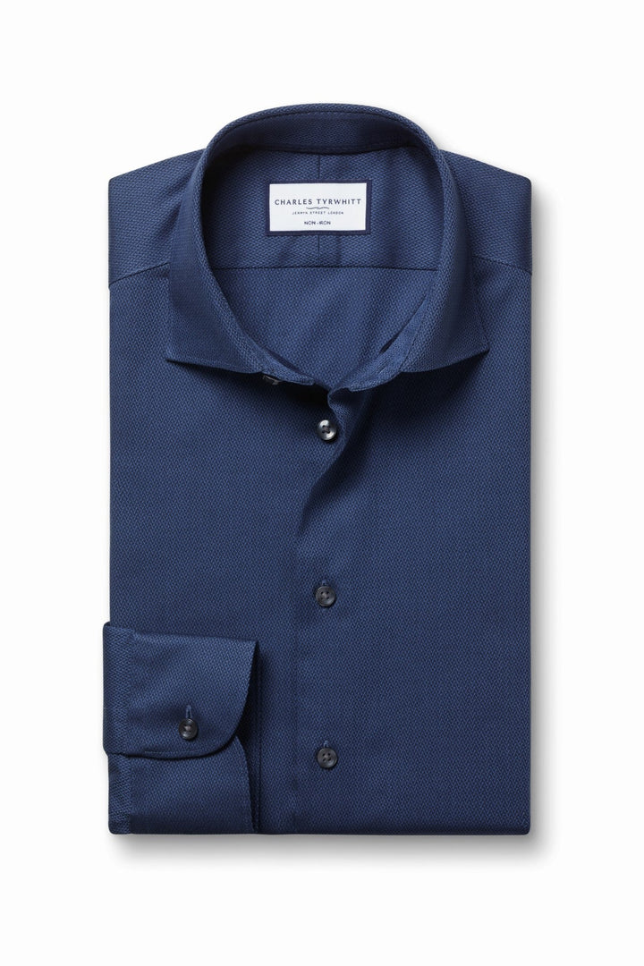 Denim Blue Non-Iron Stretch Texture Slim Fit Shirt