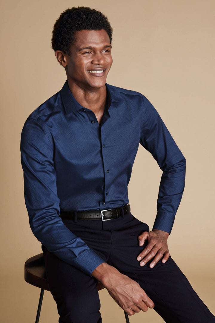 Denim Blue Non-Iron Stretch Texture Slim Fit Shirt