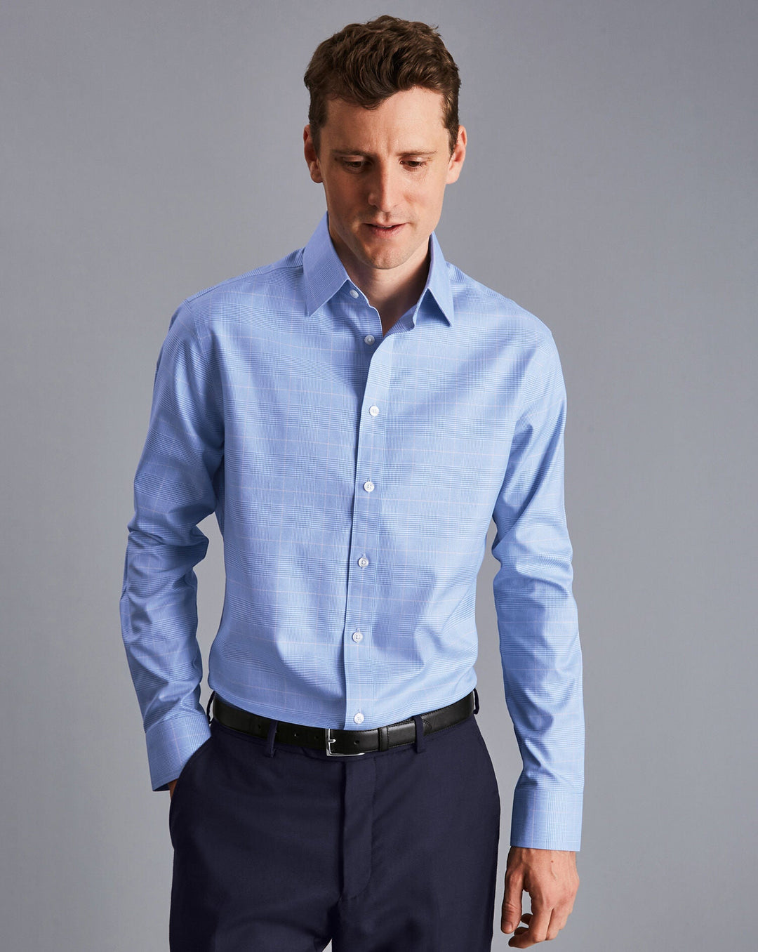 Charles Tyrwhitt Ocean Blue Non-Iron Prince Of Wales Slim Fit