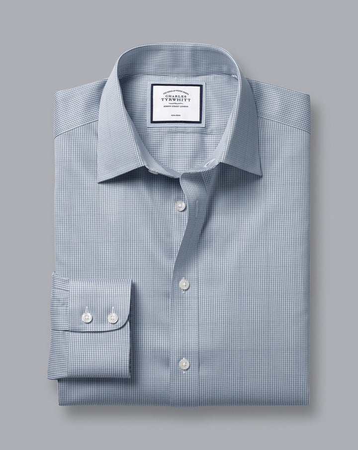 Charles Tyrwhitt Steel Blue Non-Iron Twill Puppytooth Check Slim Fit Shirt