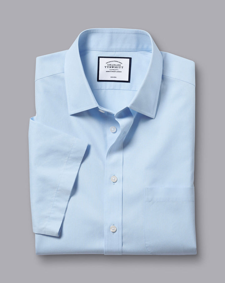 Sky Blue Non-Iron Poplin Short-Sleeve Slim Fit Shirt