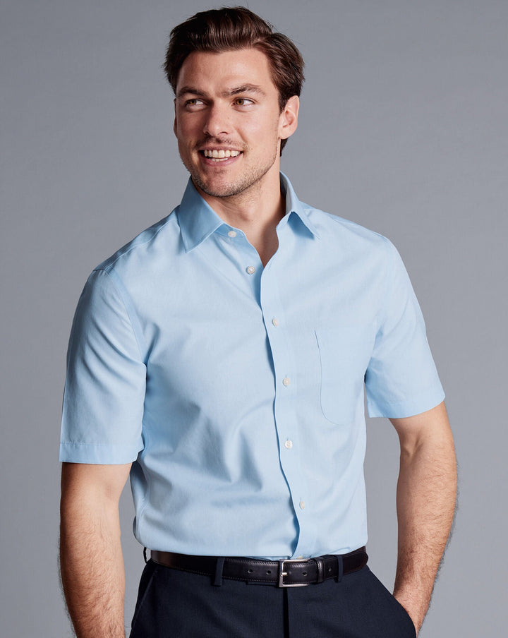 Sky Blue Non-Iron Poplin Short-Sleeve Slim Fit Shirt