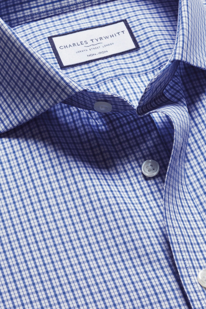 Cobalt Blue Grid Check Non-Iron Poplin Cutaway Slim Fit Shirt