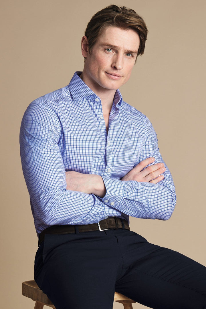 Cobalt Blue Grid Check Non-Iron Poplin Cutaway Slim Fit Shirt